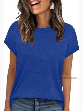 Short Sleeve Sweater Top Crew Neck Lightweight Knit Summer Workwear
